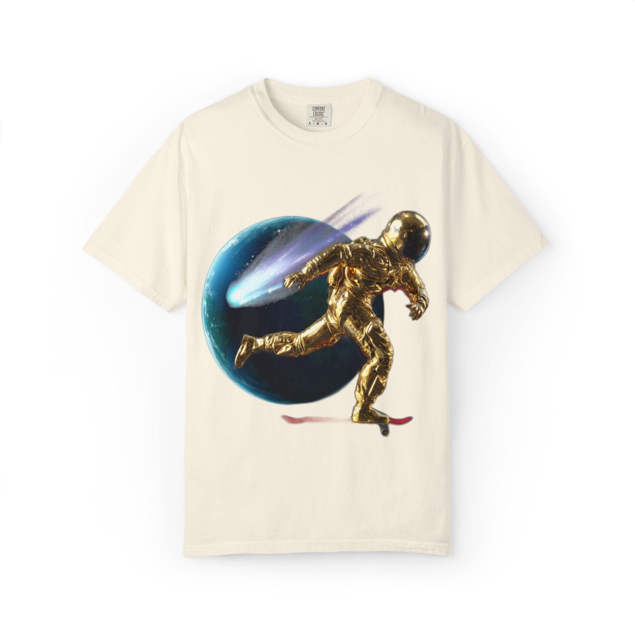 Golden Astronaut Skateboard T-Shirt | Space Planets Graphic