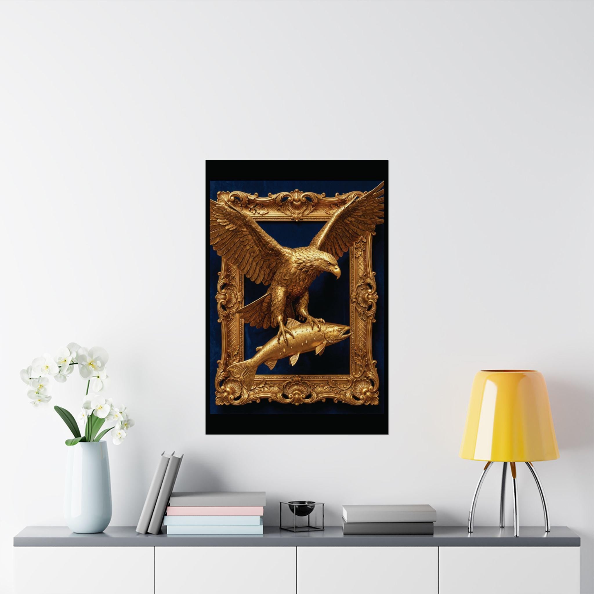 Gold Bald Eagle Salmon Wall Art, Luxury Wildlife Poster