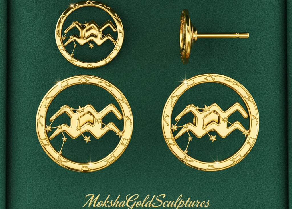 Aquarius Zodiac Stud Earrings, 18mm Astrology Earrings, Water Bearer Constellation Earrings, 9K Gold, Sterling Silver or Yellow Brass Gift