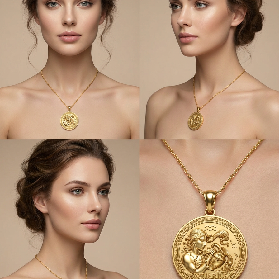 Aquarius Zodiac Pendant 3D – Woman Pouring Water, Gold or Silver, 20x5x23mm, Astrology Jewelry Gift for Aquarians