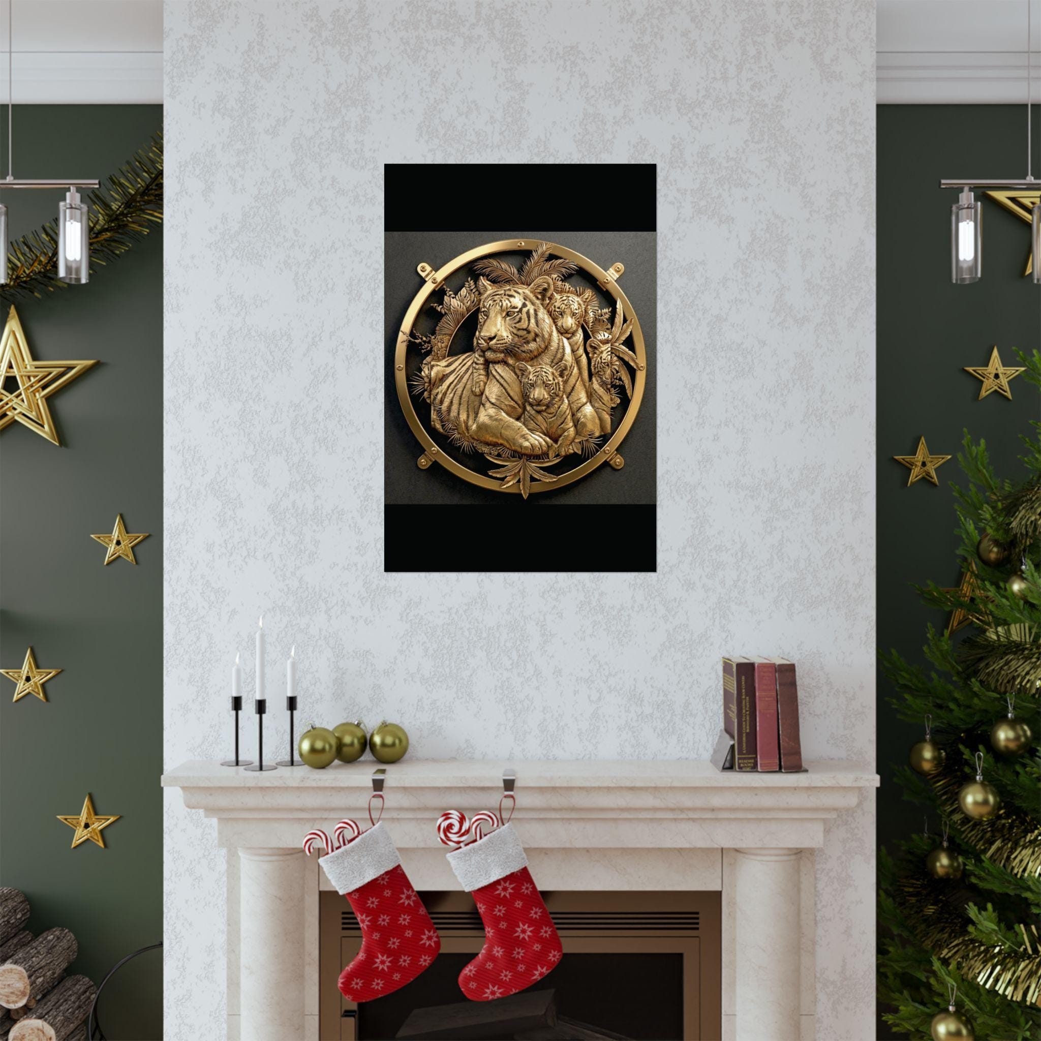 Gold Tiger Family Wall Art, Jungle Circle Framed Poster