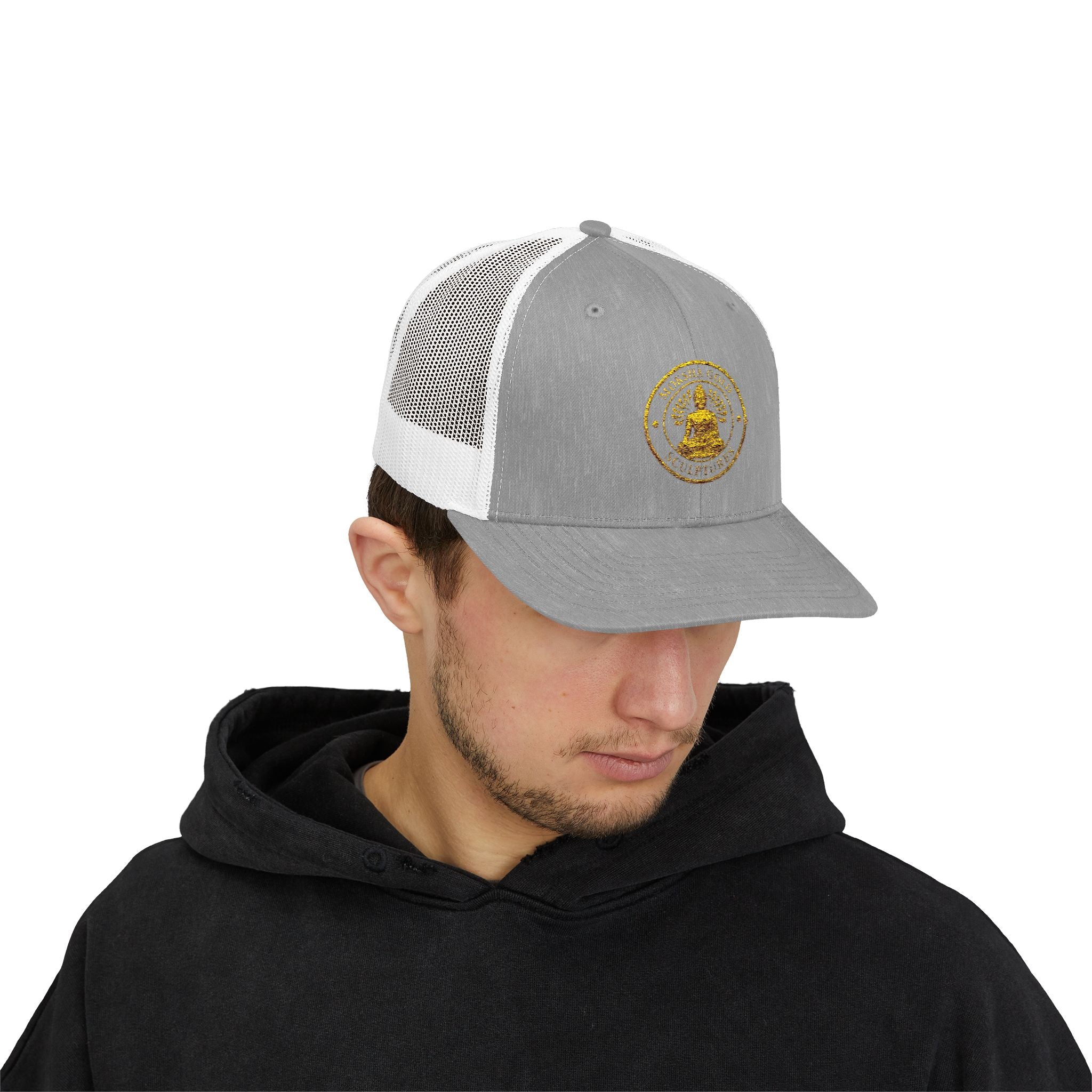 Buddha Embroidered Trucker Cap — Golden Meditation Snapback