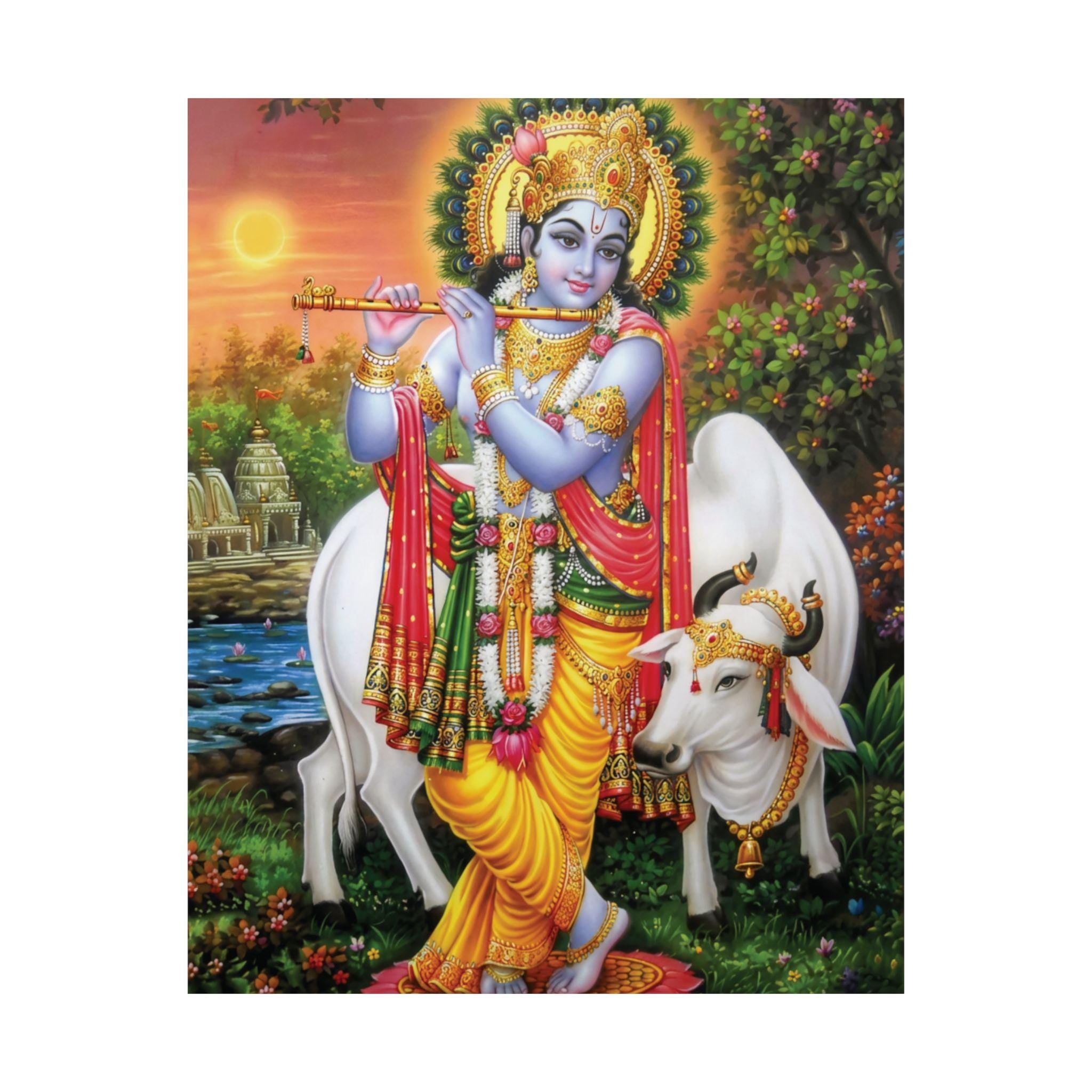 Krishna Playing Flute Matte Vertical Poster | Hindu Devotional Wall Art