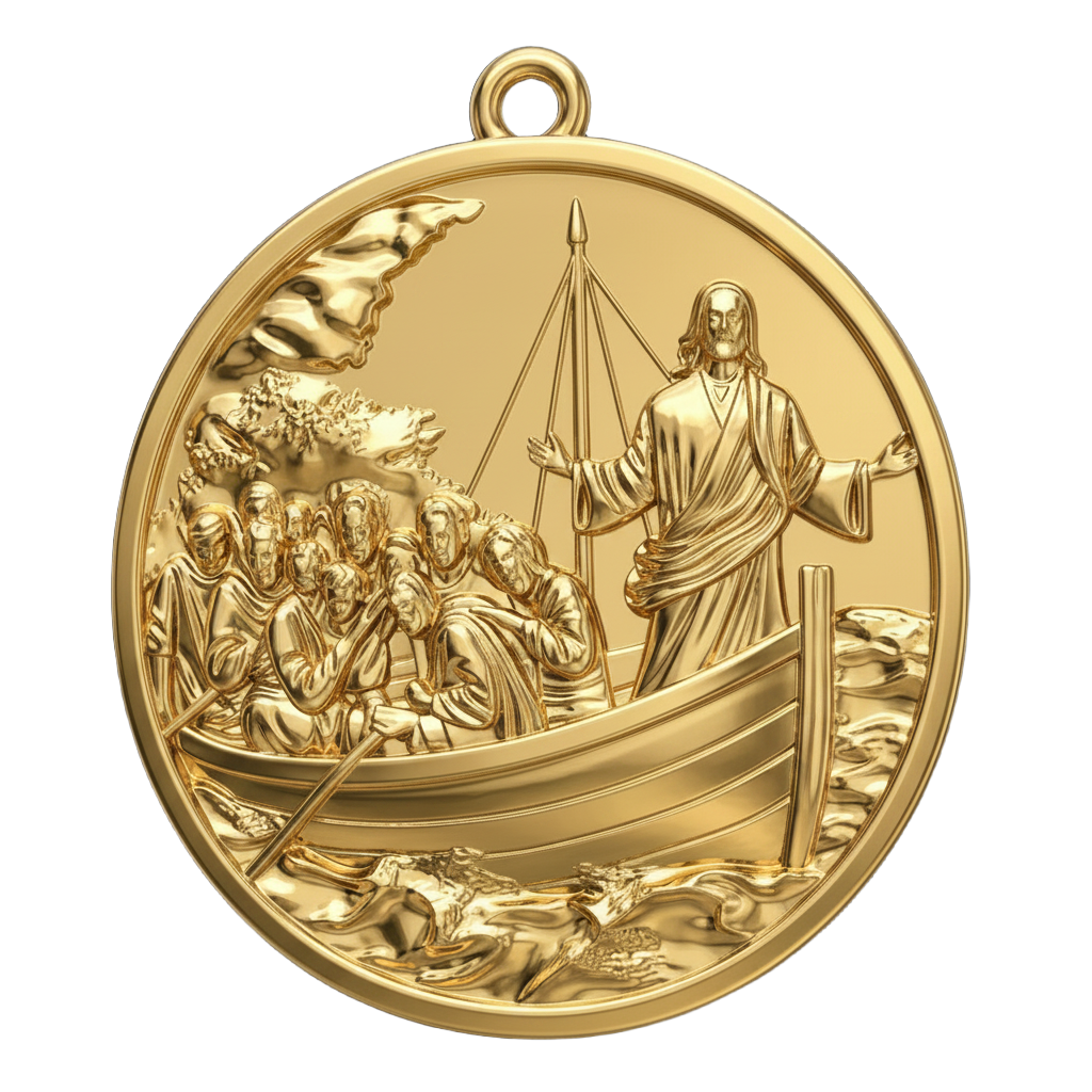 Jesus Calms the Storm Coin Pendant Necklace | 30mm Christian Medallion | 18K Gold, Sterling Silver or Yellow Brass | Religious Gift