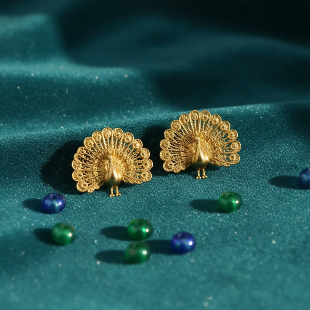 Two Peacock Stud Earrings by MokshaGoldSculptures in 9K Gold, Silver or Polished Brass on teal fabric with blue beads.
