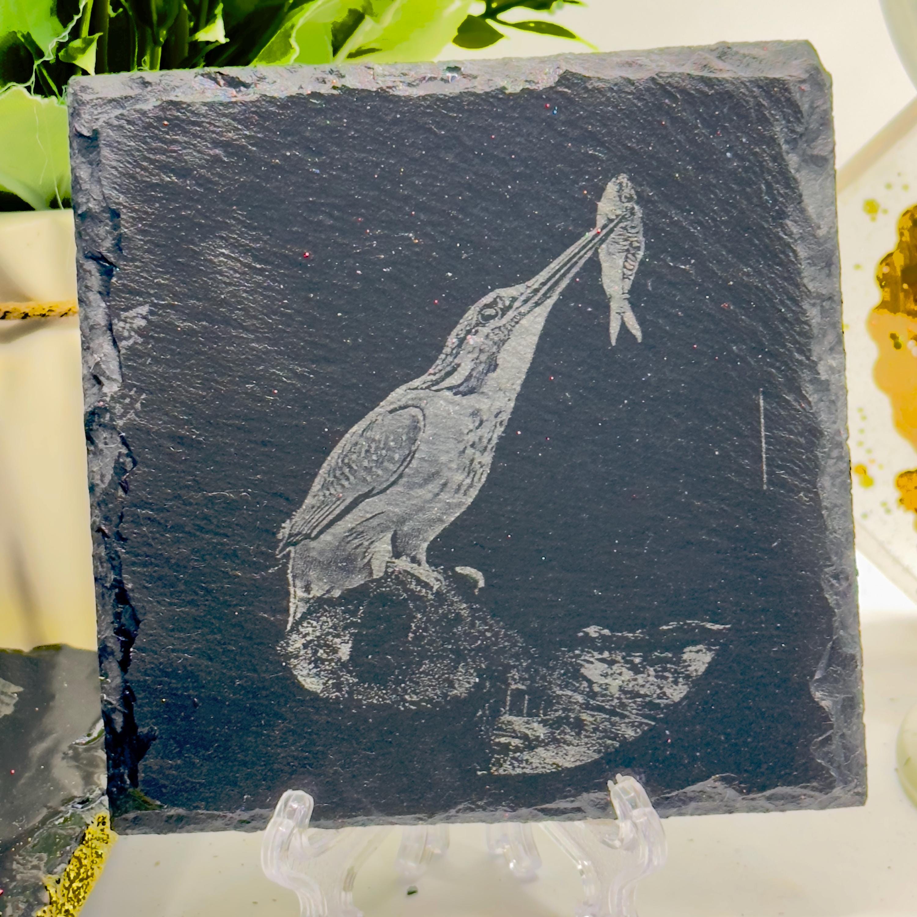 Kingfisher with Fish Slate Coaster | Wildlife Bird Art | Laser Engraved Natural Slate | Handmade Gift for Nature Lovers