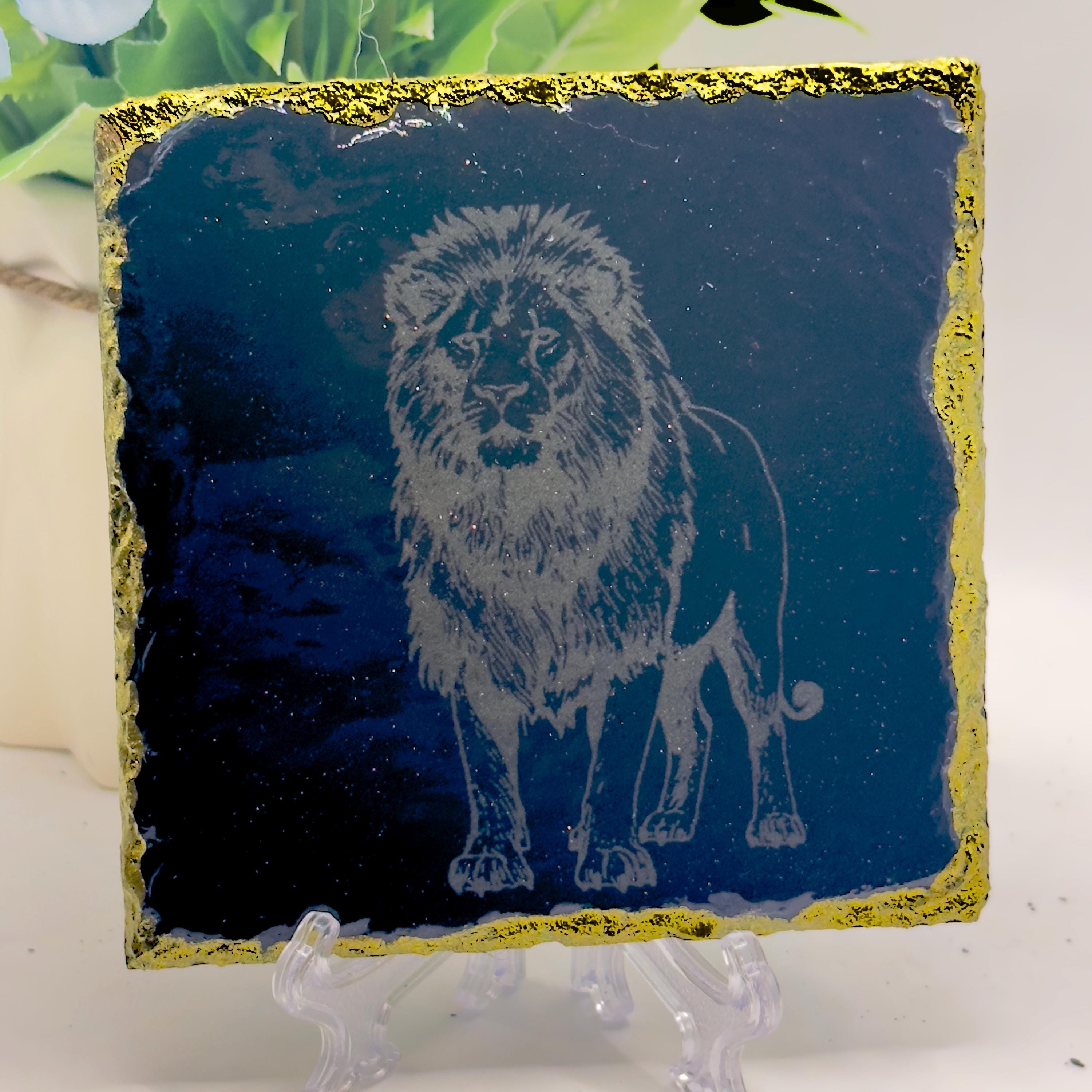 Lion Slate Coaster | Gold Rim & Epoxy Finish | Handmade Luxury Decor | Unique Gift for Lion Lovers