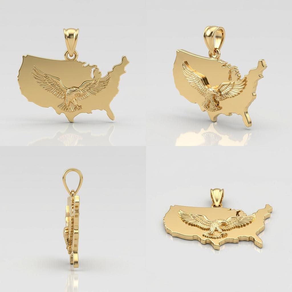 USA Eagle Map Pendant with Bail in polished gold or silver by MokshaGoldSculptures, shown from four angles.  MokshaGoldSculptures