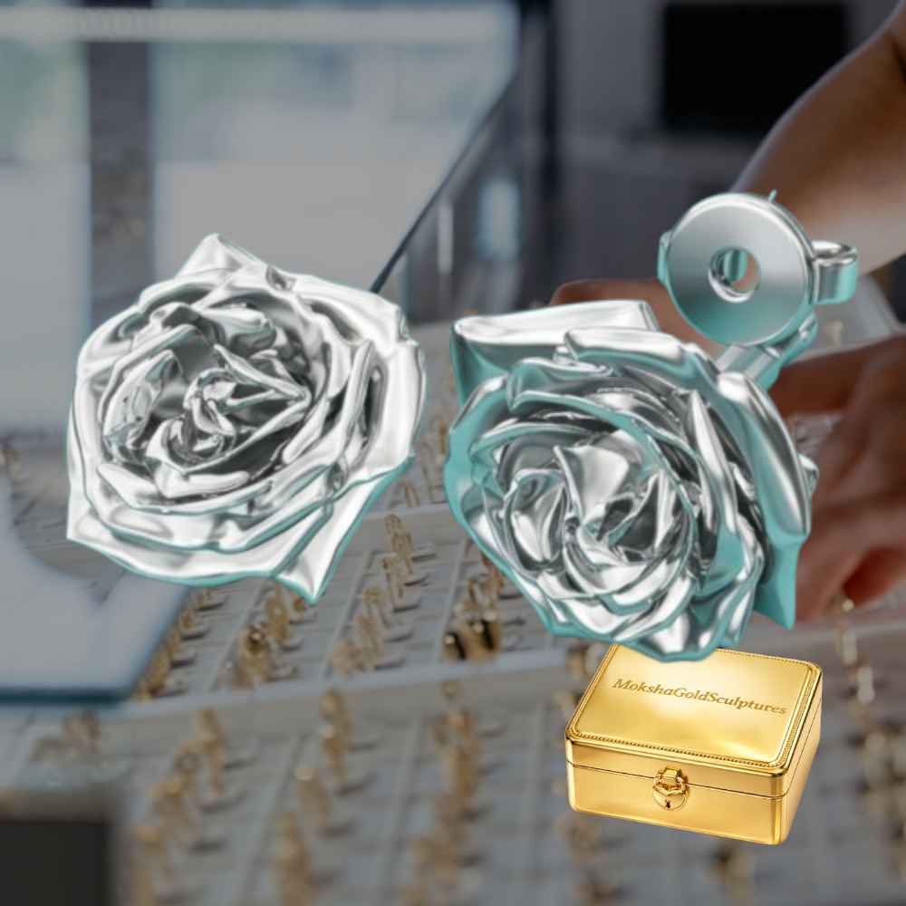 Rose Stud Earrings in Polished Silver & Polished Brass | 14mm Floral Earrings | Sculpted Rose Jewellery | Lightweight Botanical Studs