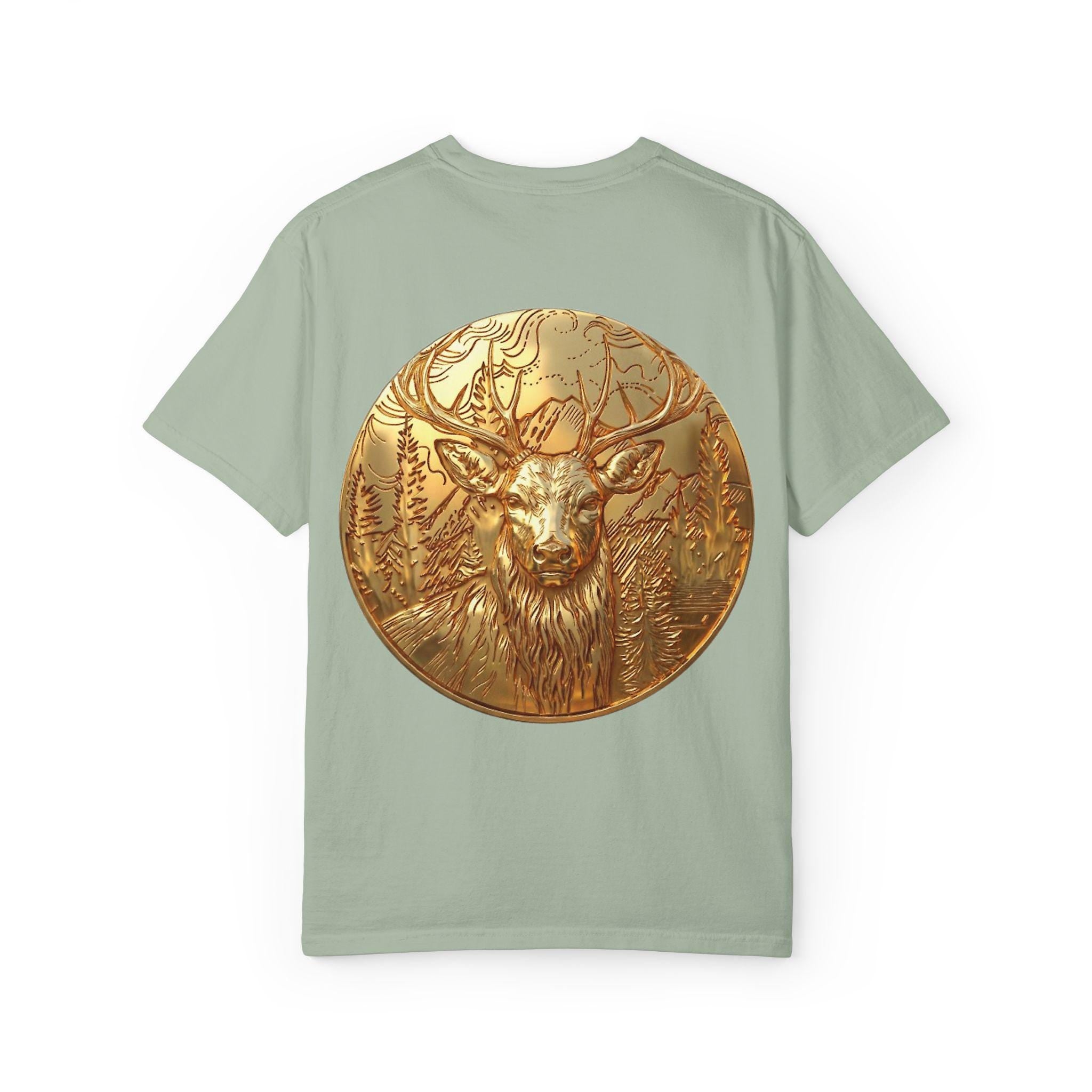 Deer Portrait with Pine Tree Background pendant in embossed gold finish by MokshaGoldSculptures.