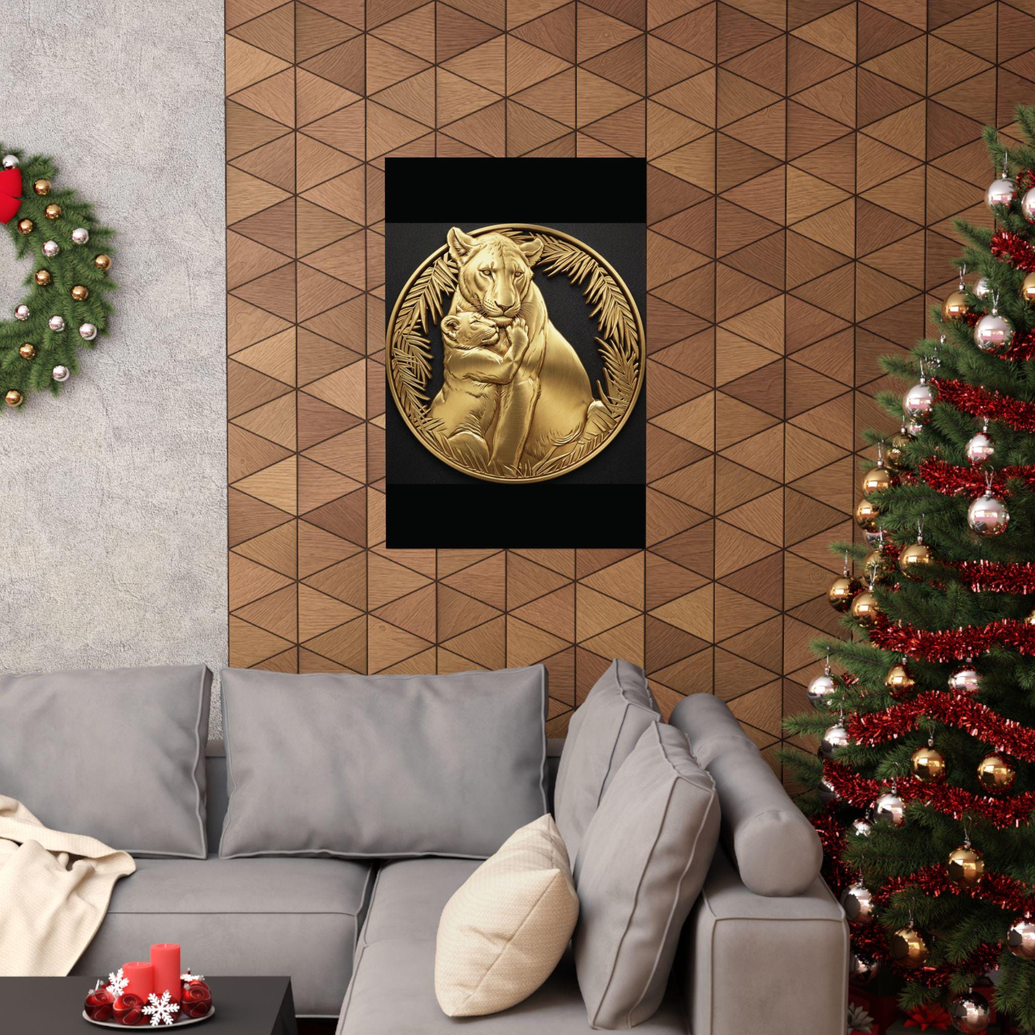 Lion Cub Hugging Lioness Print, Silver Frame Jungle Leaves Wall Art