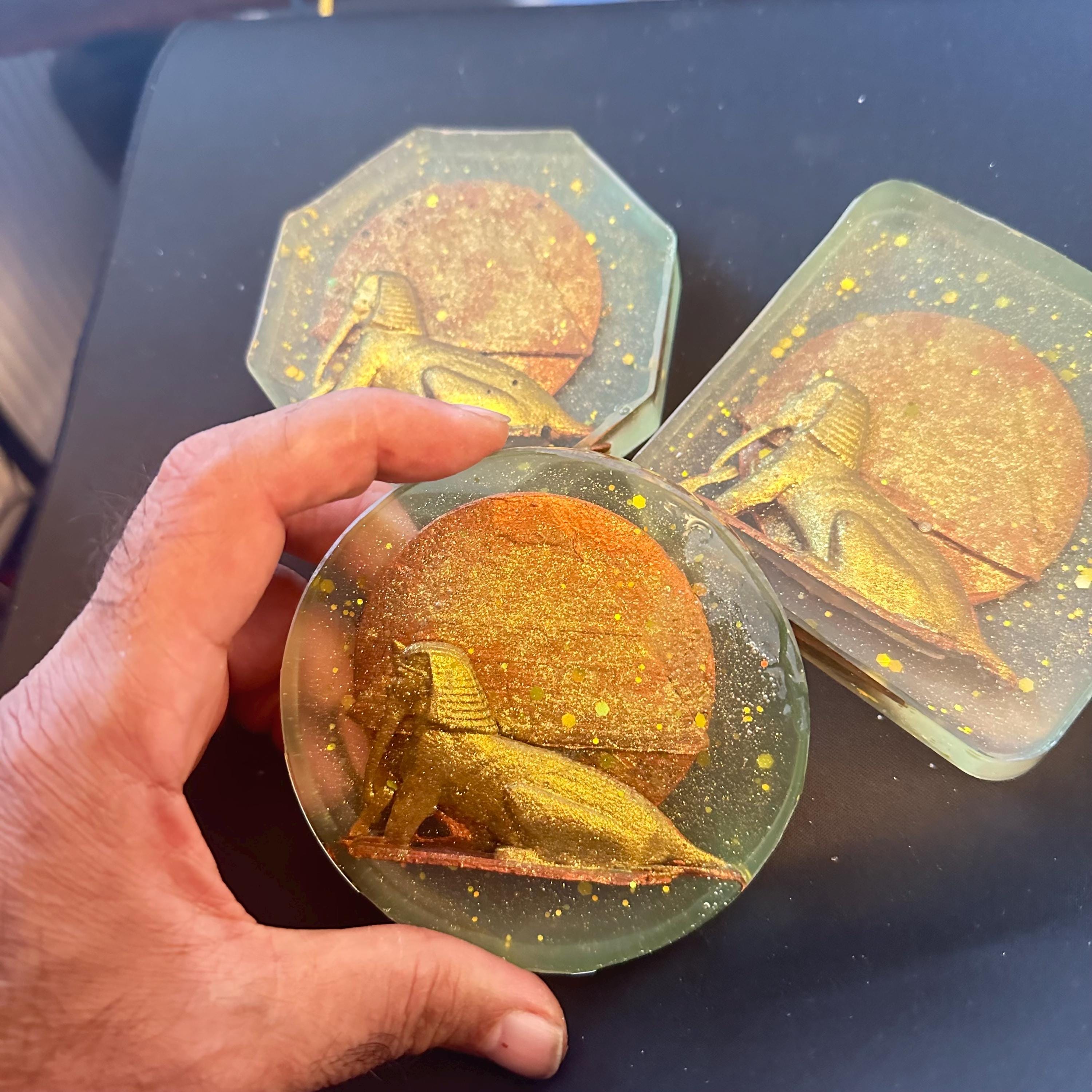 Glow in the Dark Sphinx Resin Coasters - Hand-Painted Set of 3