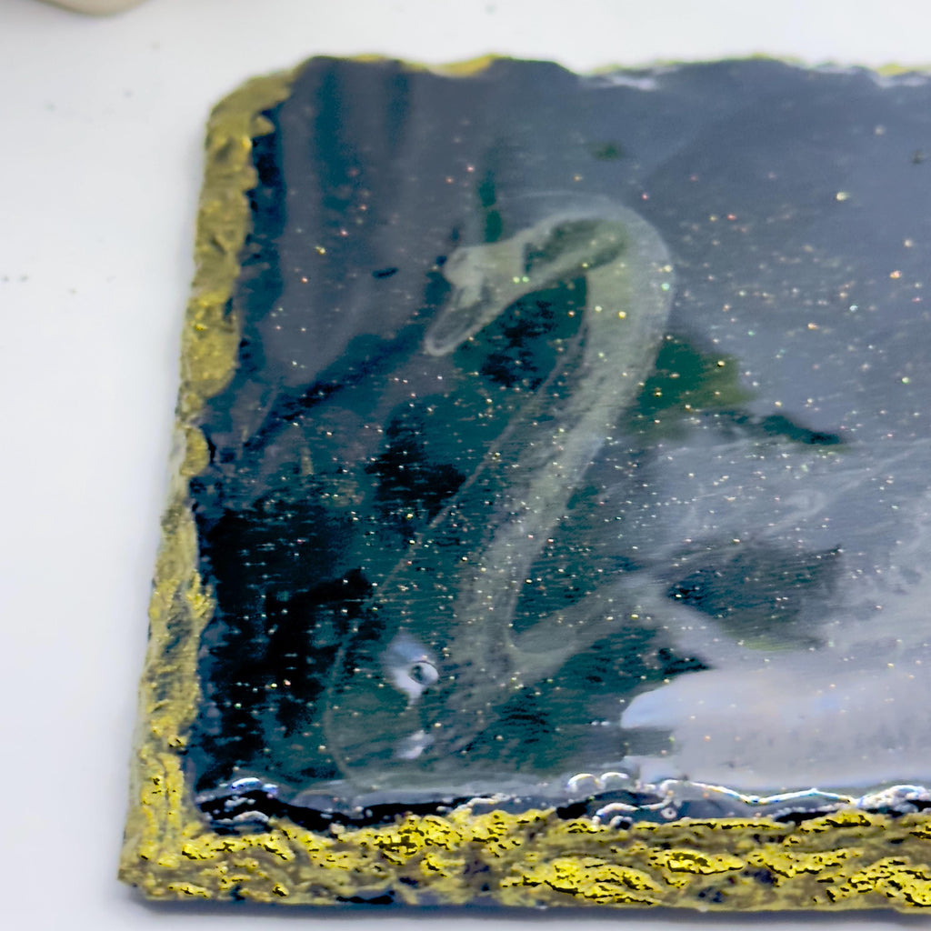 Swan Slate Coaster | Gold Rim & Epoxy Finish | Handmade Luxury Decor | Elegant Swan Gift
