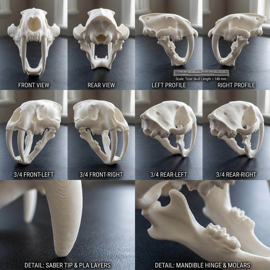 Smilodon Saber Tooth Skull 3D Print | Saber-Toothed Cat Fossil Replica | Desk Decor Skull Model | Prehistoric Gift | PLA Nylon Resin | 140mm Model