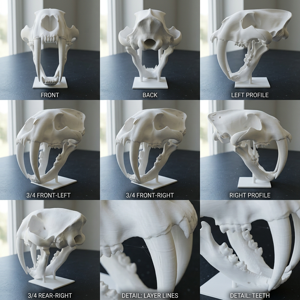 Smilodon Saber Tooth Skull 3D Print | Saber-Toothed Cat Fossil Replica | Desk Decor Skull Model | Prehistoric Gift | PLA Nylon Resin | 140mm Model