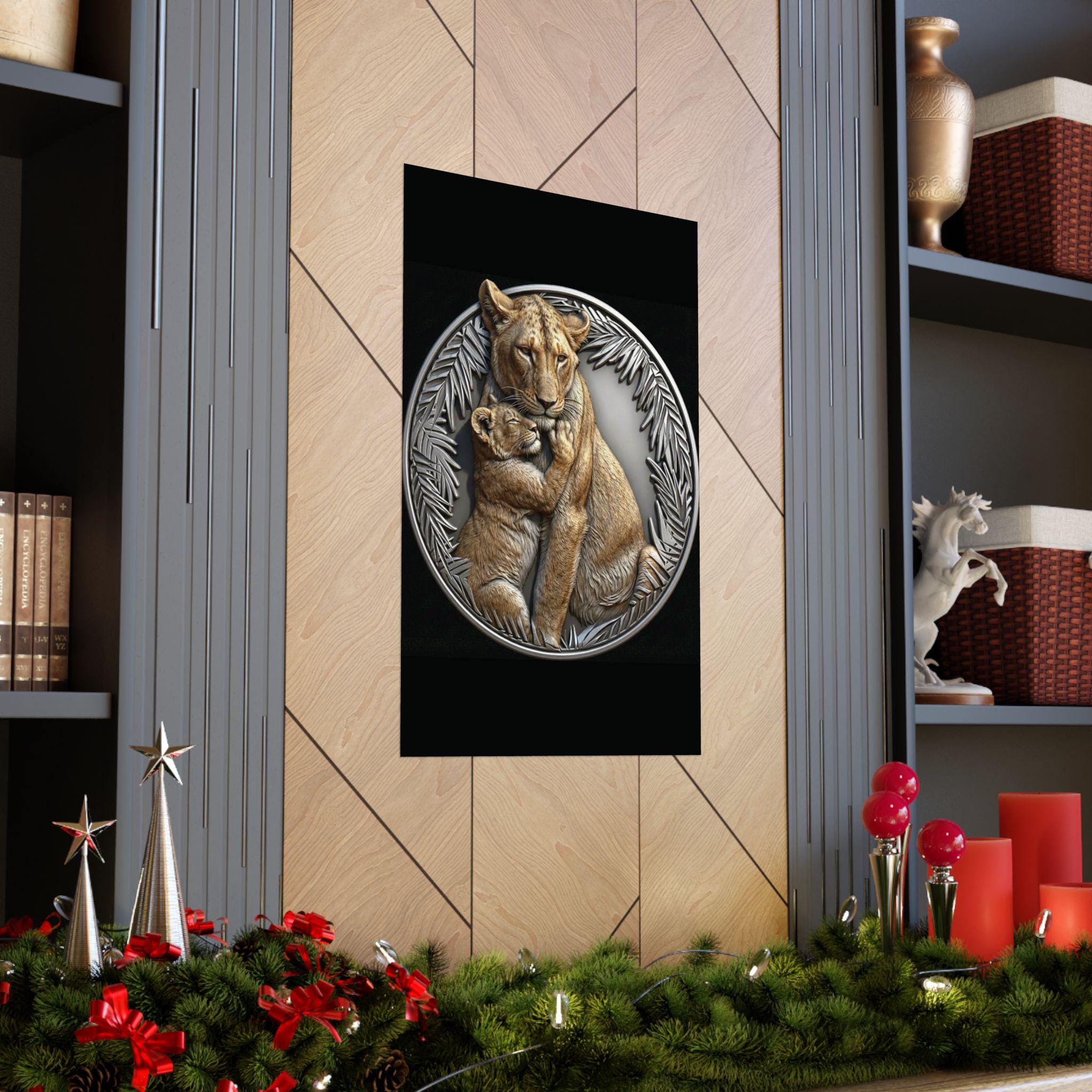 Lioness cub hug wall mount poster | natural color lion wall art | silver jungle frame