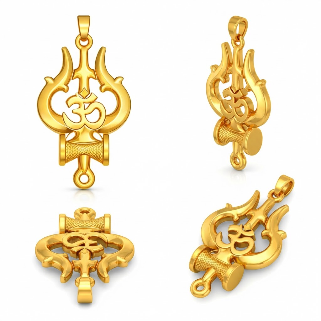 Gold Om Shiva Trishul Pendant 35x22mm – Polished Necklace Charm – Jewelry Casting Design