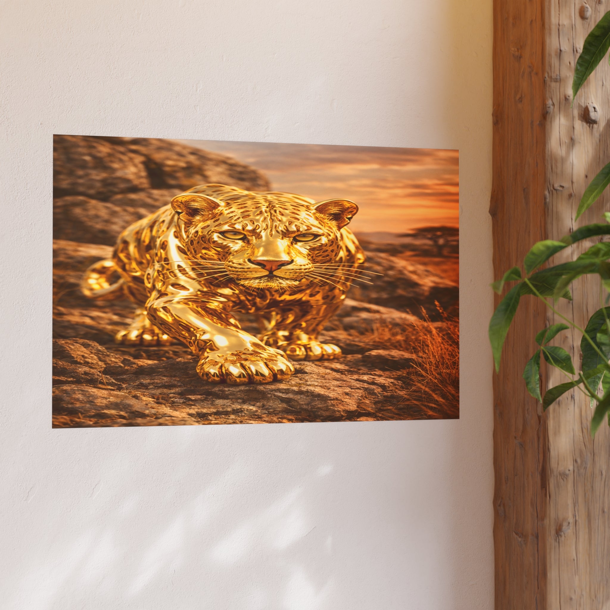Polished Gold Leopard Statue Wall Art Poster Luxury Safari Animal Decor Realistic Metallic Wildlife Artwork Modern Home Living Room Interior