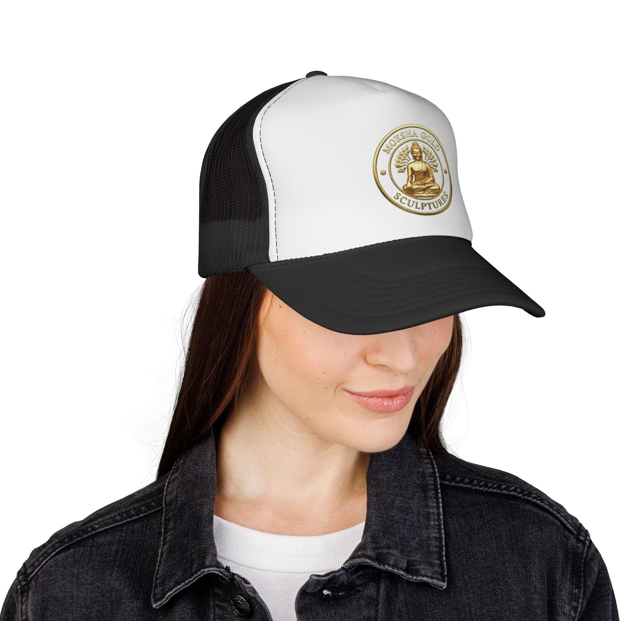 Buddha Emblem Trucker Cap — Gold Meditation Logo Mesh Hat