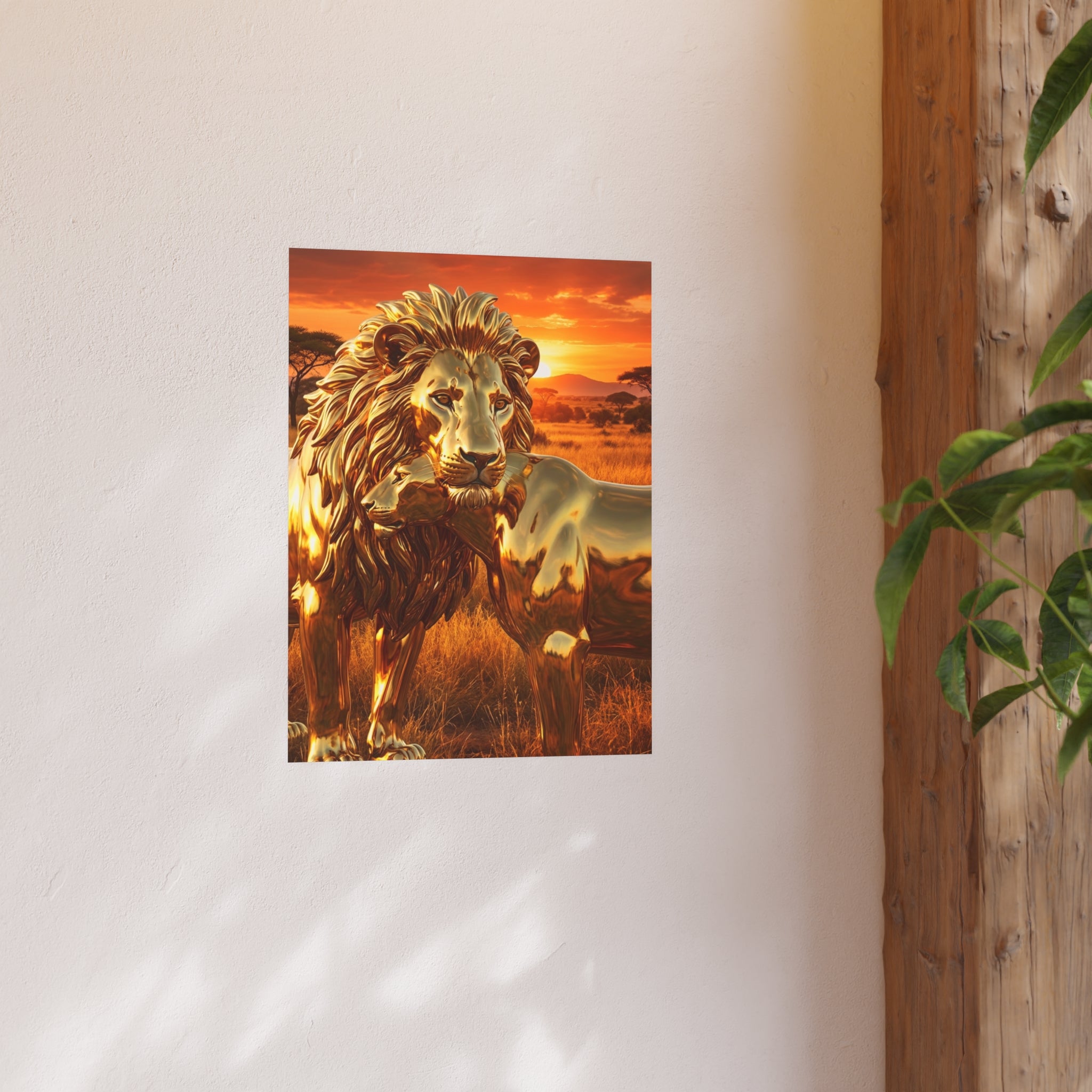 Golden Lion Art Poster — Metallic Sunset Wildlife Print