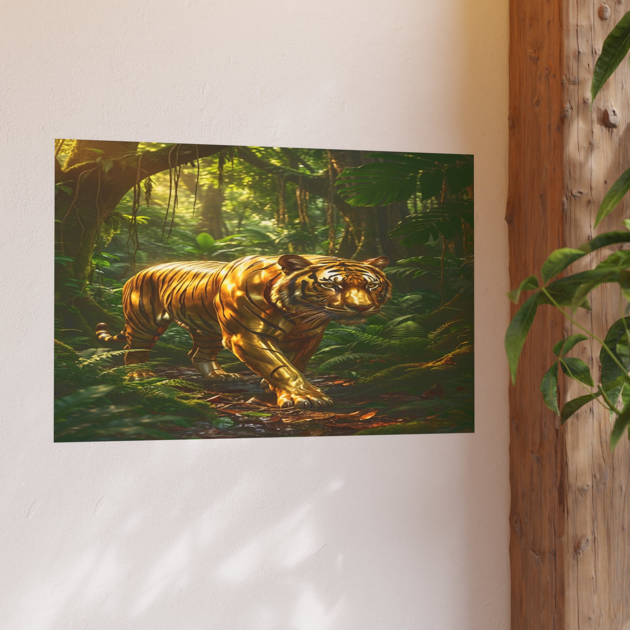 Golden Jungle Tiger Wall Art – Polished Gold Tiger Poster Luxury Wildlife Decor