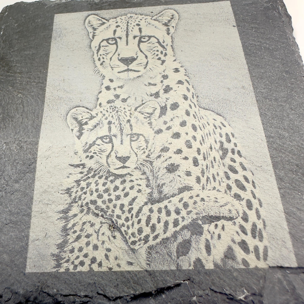 Cheetah Cub Hugging Mother Slate Coaster | Wildlife Animal Love Coaster | Natural Slate Gift for Animal Lovers
