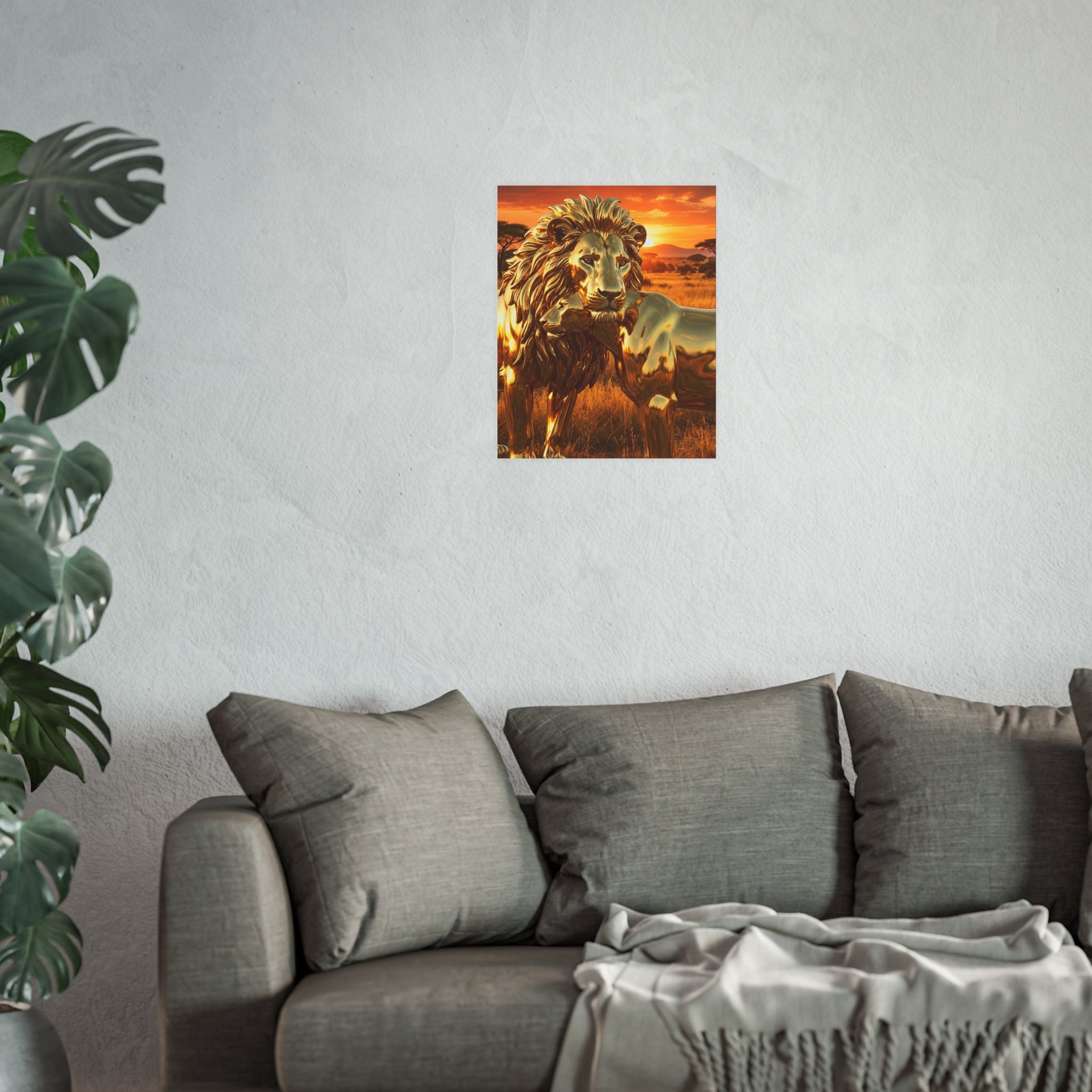 Golden Lion Art Poster — Metallic Sunset Wildlife Print