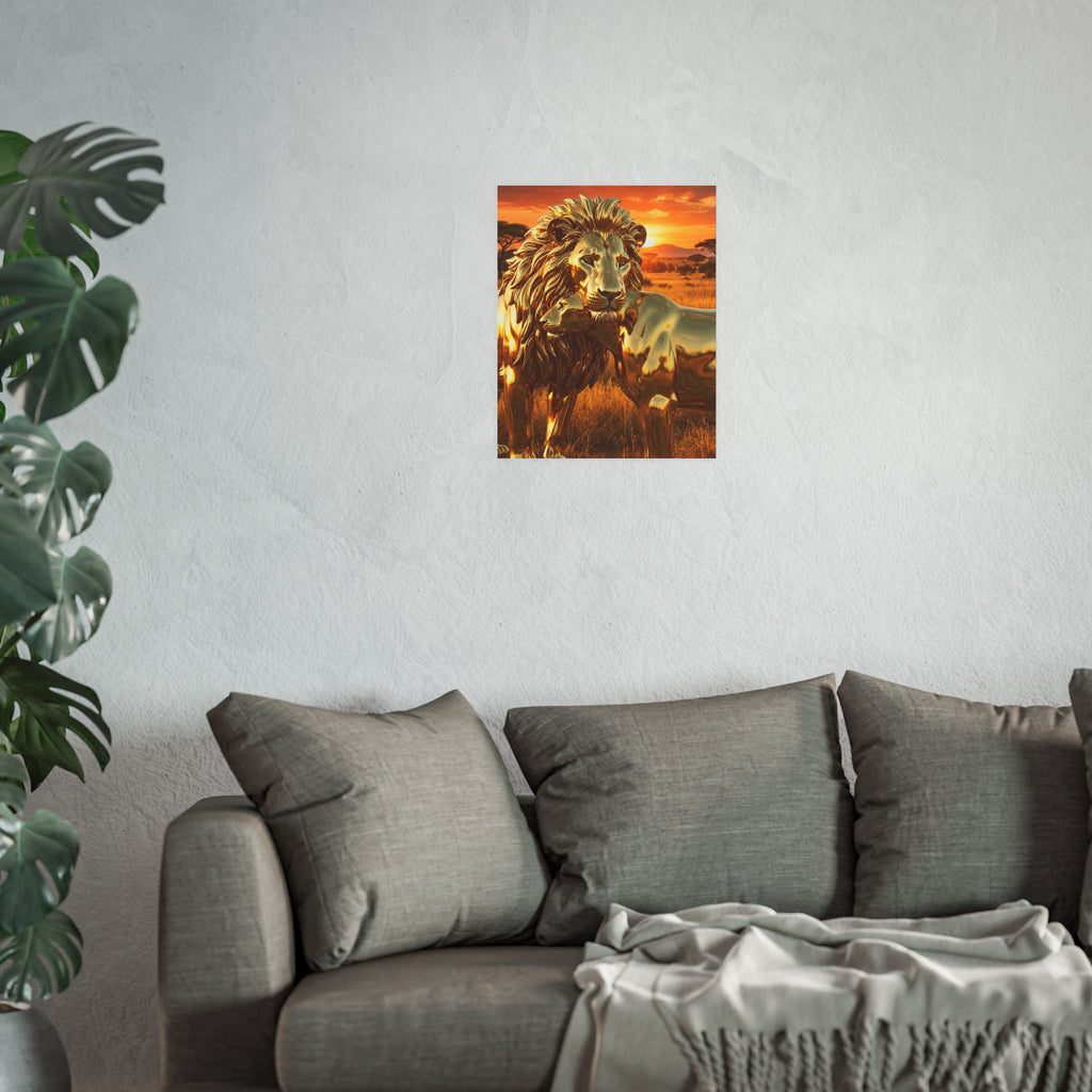 Golden Lion Art Poster — Metallic Sunset Wildlife Print