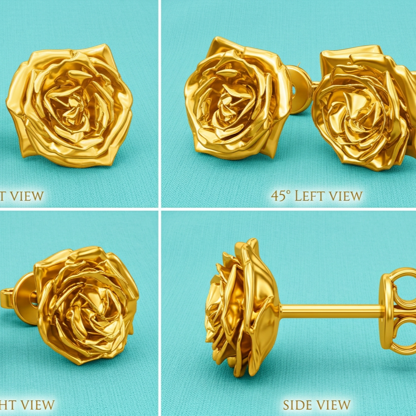 Rose Stud Earrings in gold finish (14mm) by MokshaGoldSculptures, featuring sculpted floral details.