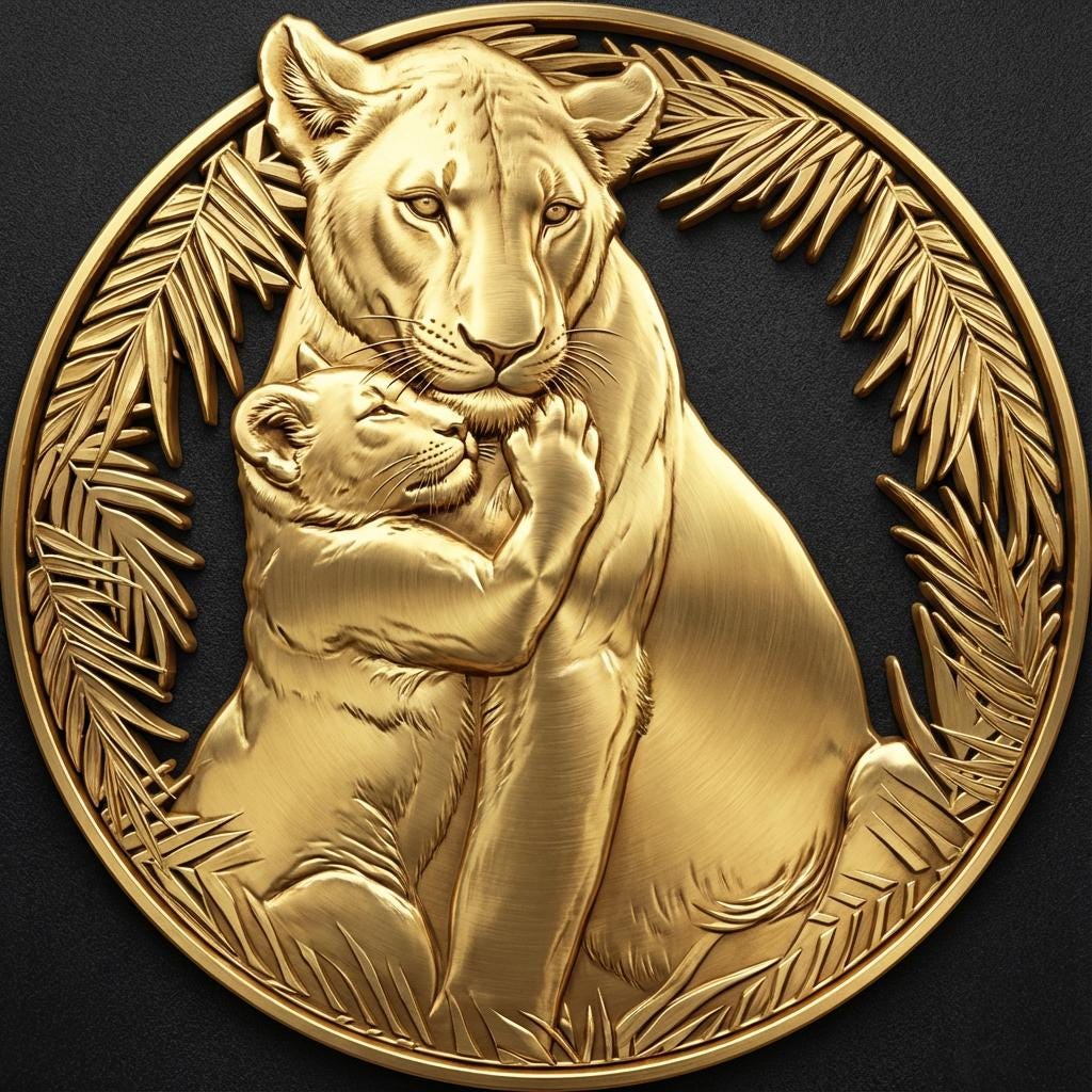 Lion Cub Hugging Lioness Print, Silver Frame Jungle Leaves Wall Art