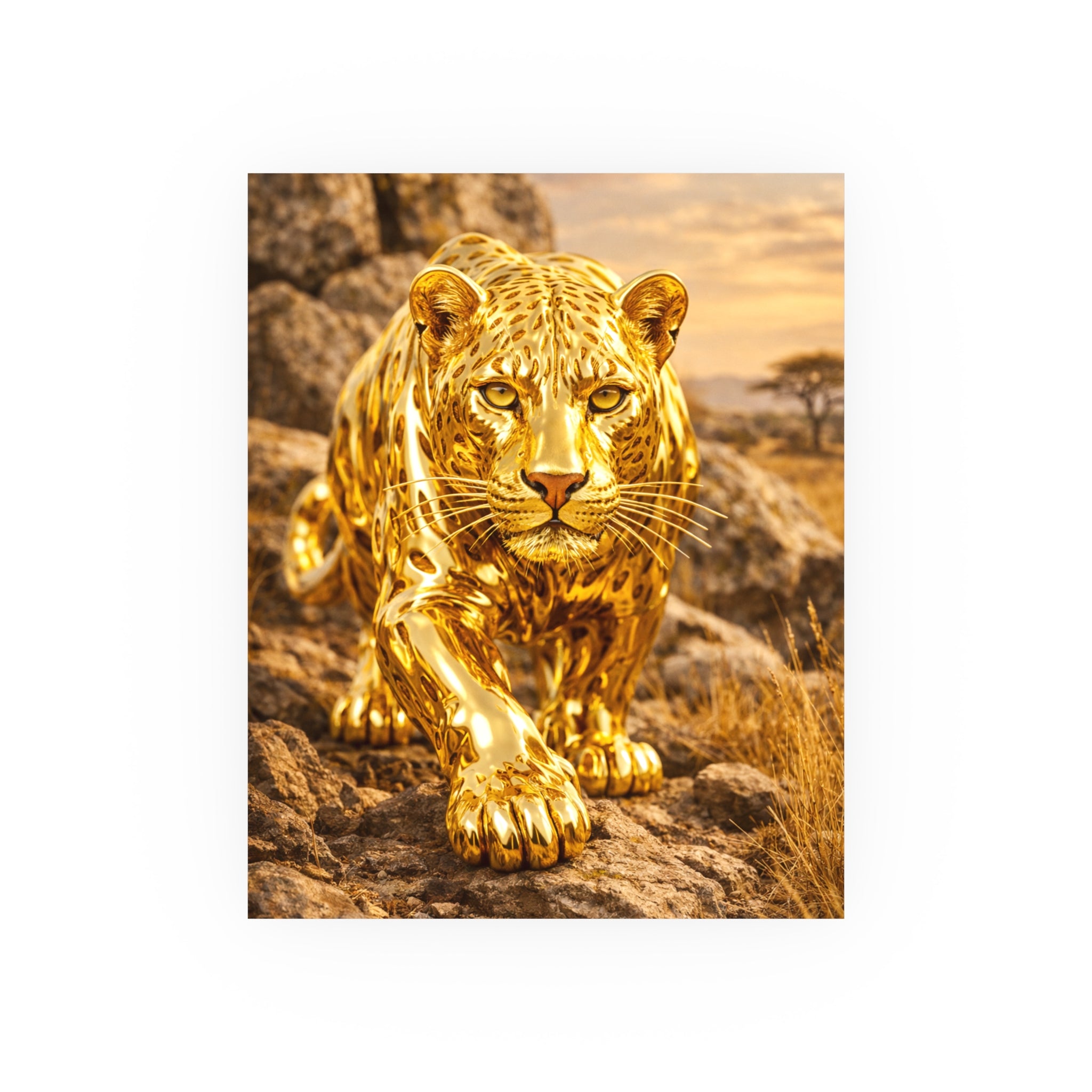 Polished Gold Leopard Statue Wall Art Poster Luxury Safari Animal Decor Realistic Metallic Wildlife Artwork Modern Home Living Room Interior