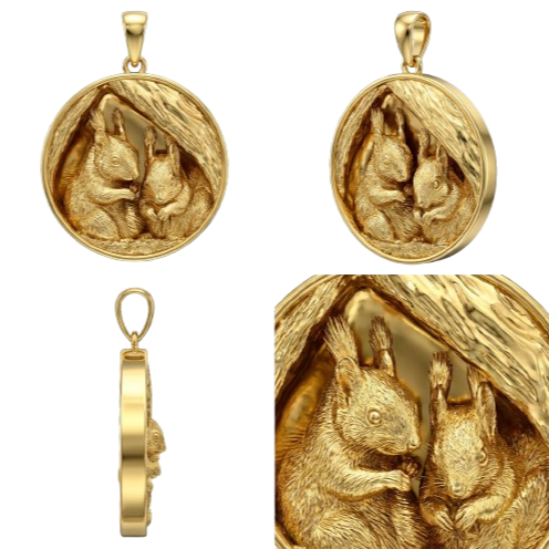 Squirrel Pair Tree Nest Pendant – Gold, Silver & Brass Jewelry, Wildlife Animal Charm, Nature Inspired Collectible