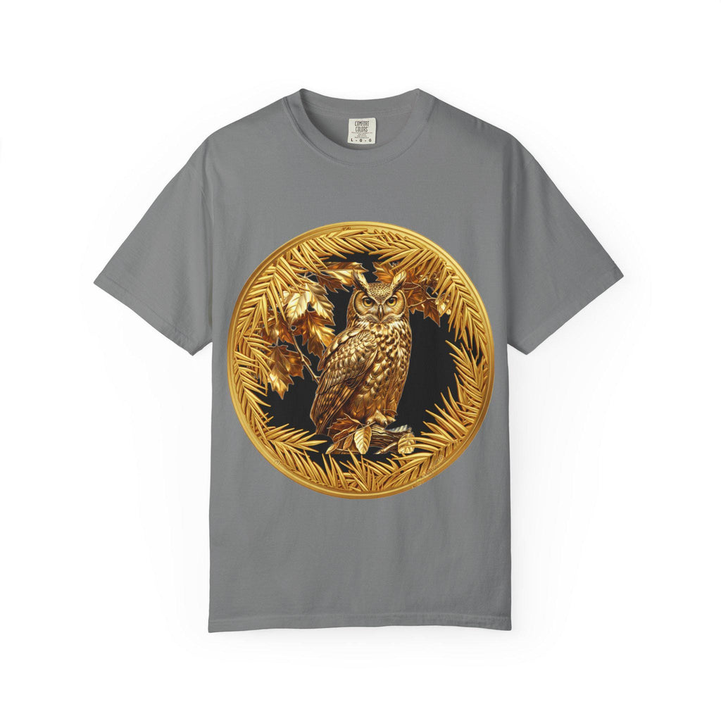 Eared Owl Gold Print T-Shirt Exotic Wildlife Night Scene with Majestic Owl Design