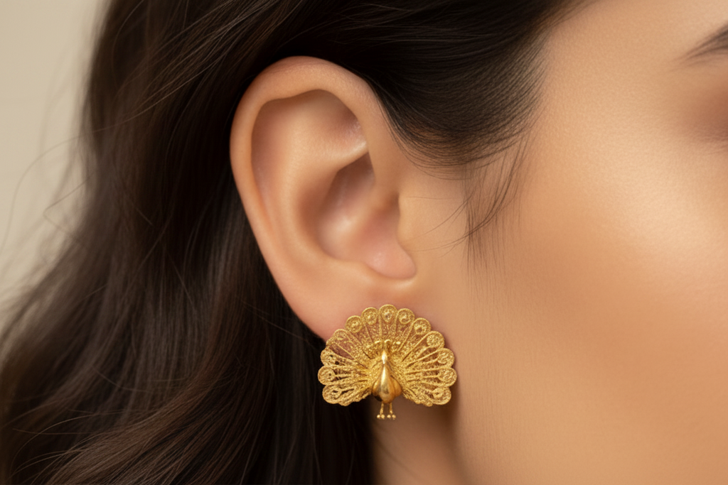 Peacock Stud Earrings in 9K gold high polish by MokshaGoldSculptures, peacock fan tail design displayed on ear.