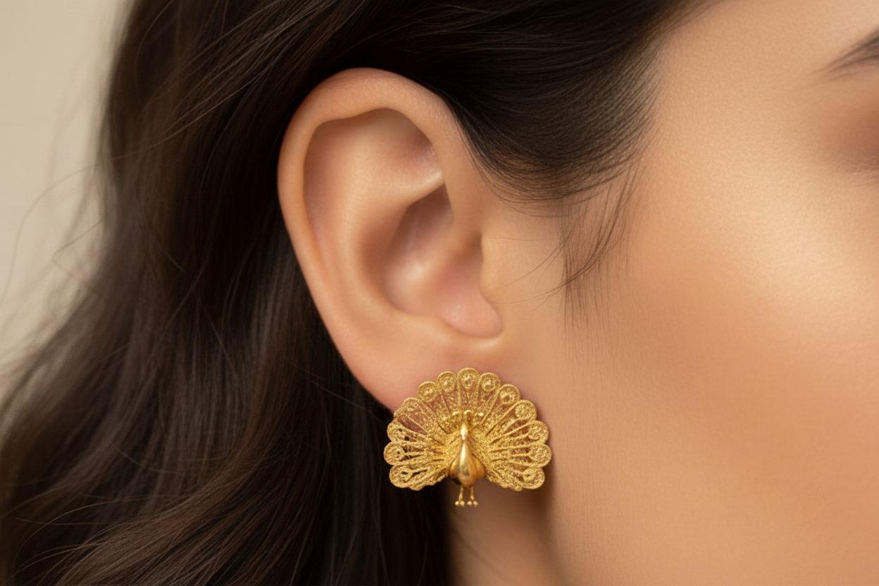 Peacock Stud Earrings in 9K gold high polish by MokshaGoldSculptures, peacock fan tail design displayed on ear.