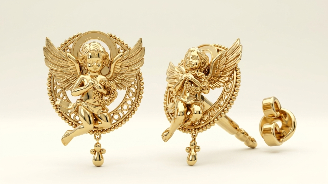 Golden Cherub Angel Stud Earrings | Guardian Angel Jewelry | 9K Gold, Sterling Silver & Yellow Brass | Handmade Religious Gift