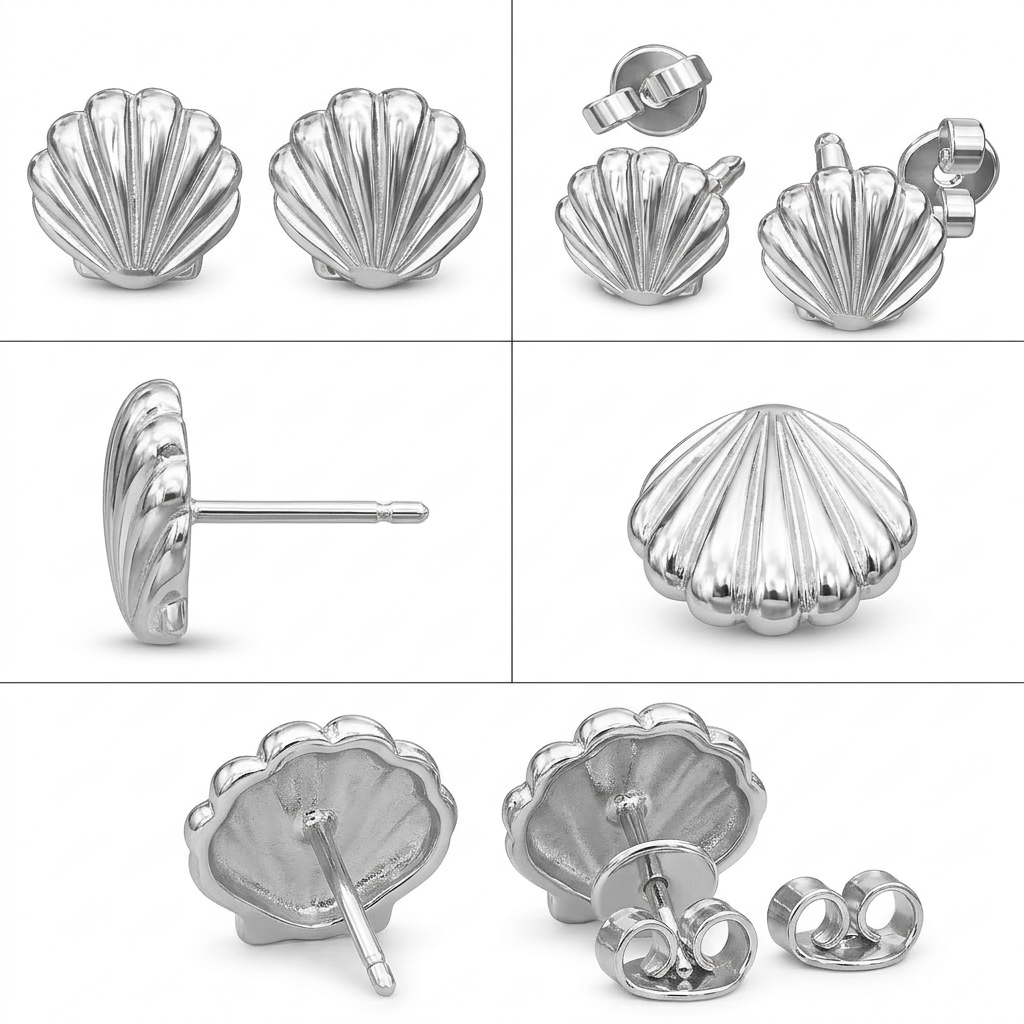 Sea Shell Stud Earrings Polished Silver 10mm | Ocean Inspired Silver Shell Earrings | Minimal Coastal Jewellery | Small Stud Earrings Gift for Her
