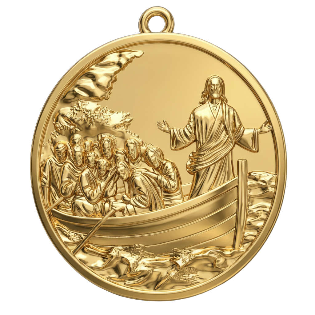 Jesus Calms the Storm Coin Pendant Necklace | 30mm Christian Medallion | 18K Gold, Sterling Silver or Yellow Brass | Religious Gift
