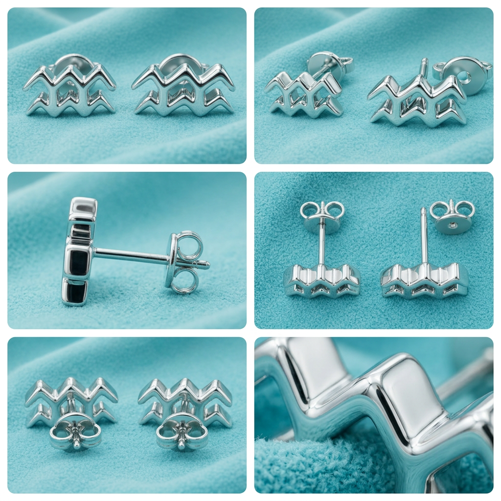 Aquarius Symbol Stud Earrings in Silver and Polished brass | Minimal Zodiac Earrings