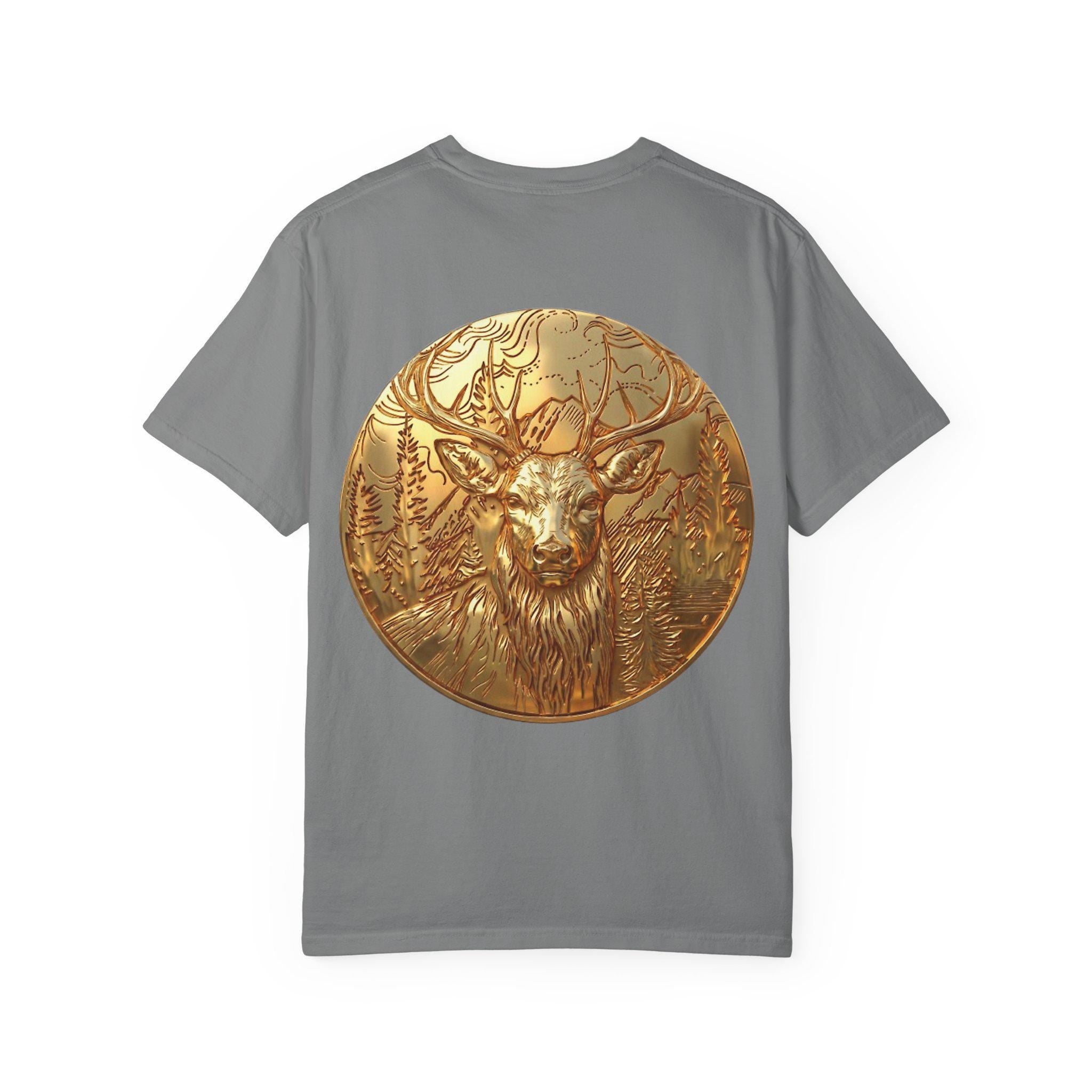 The Deer Portrait gold-embossed stag pendant in polished gold by MokshaGoldSculptures.