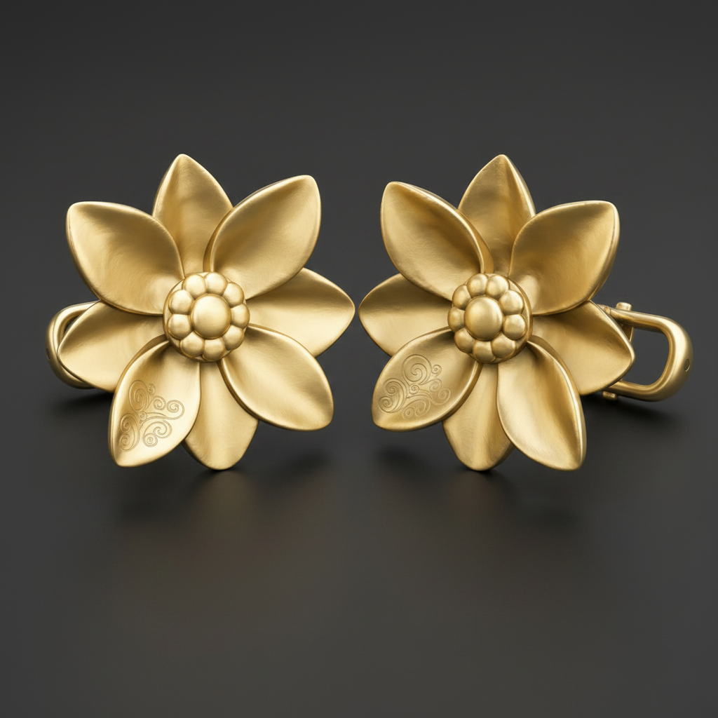 Polished brass flower stud earrings by MokshaGoldSculptures with layered petals and botanical engravings.