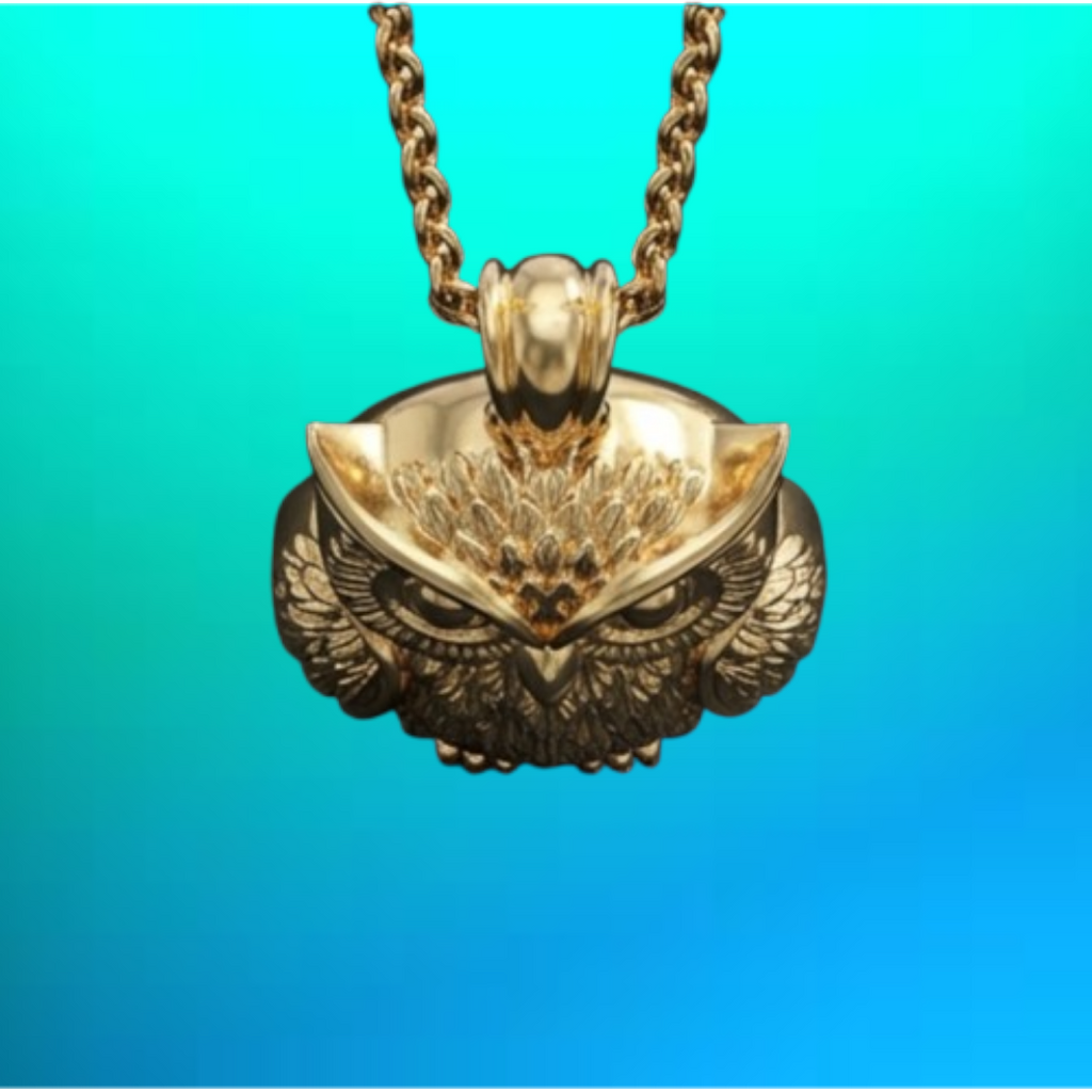 Exotic Owl Pendant with Prominent Eyes – Gold Finish, Available in Sterling Silver – 3D Detailed Design