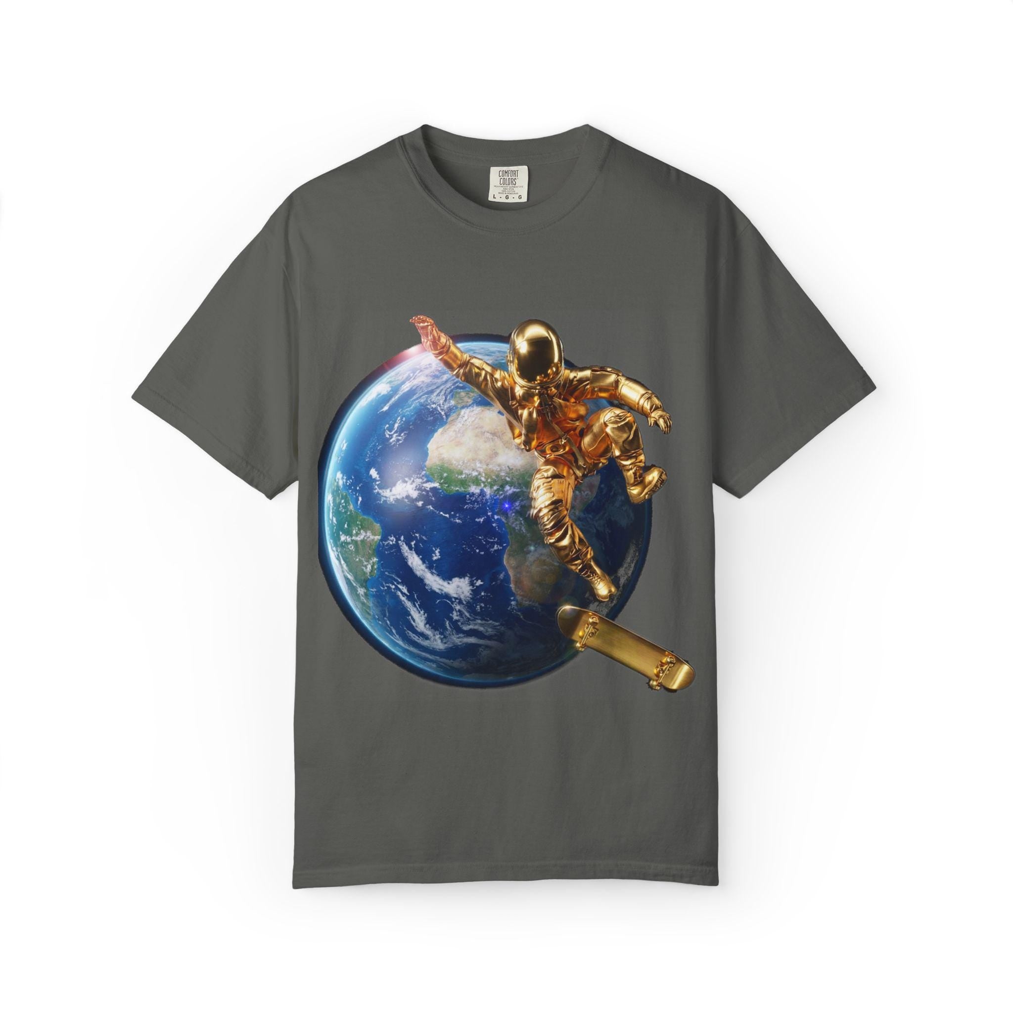Golden Astronaut Skateboard Soaring High Futuristic Cosmic Ride in Style