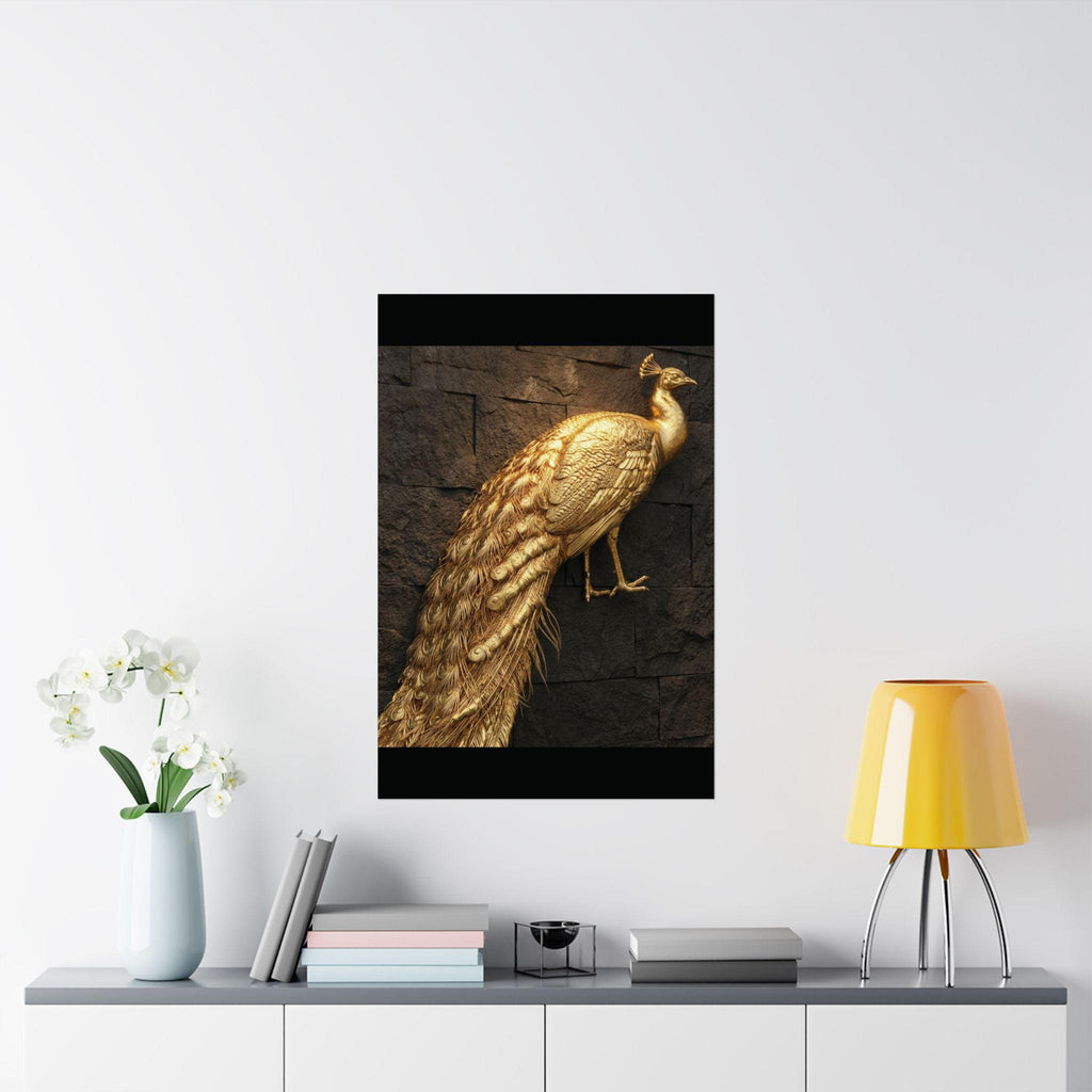 Golden Peacock Poster on Dark Brick Wall, Exotic Wildlife Wall Art, Elegant Home Decor