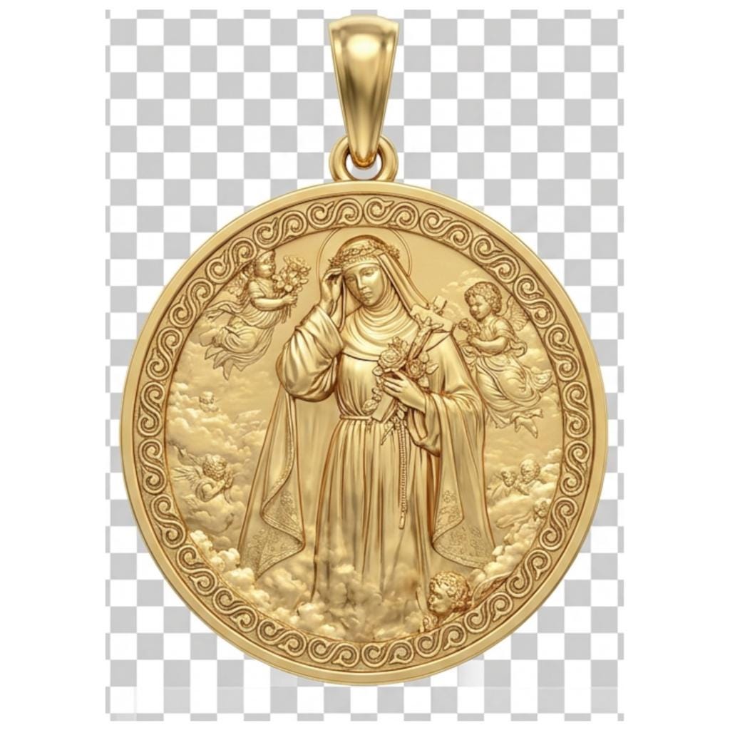 The Mary in the Clouds solid gold pendant necklace by MokshaGoldSculptures with Virgin, angels, and ornate detailing.  MokshaGoldSculptures