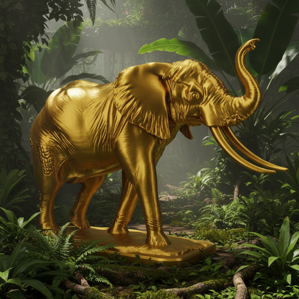 The Majestic Elephant Sculpture in gold PLA by MokshaGoldSculptures, elegant wildlife décor with a polished finish.