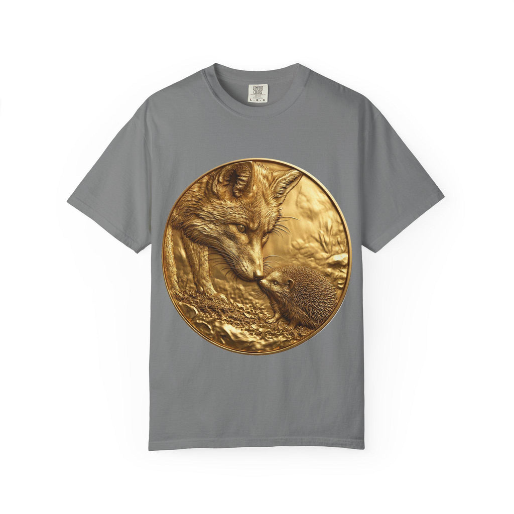 Golden Fox and Hedgehog T-Shirt  Curious Wildlife Scene in Luxury Gold Print Design