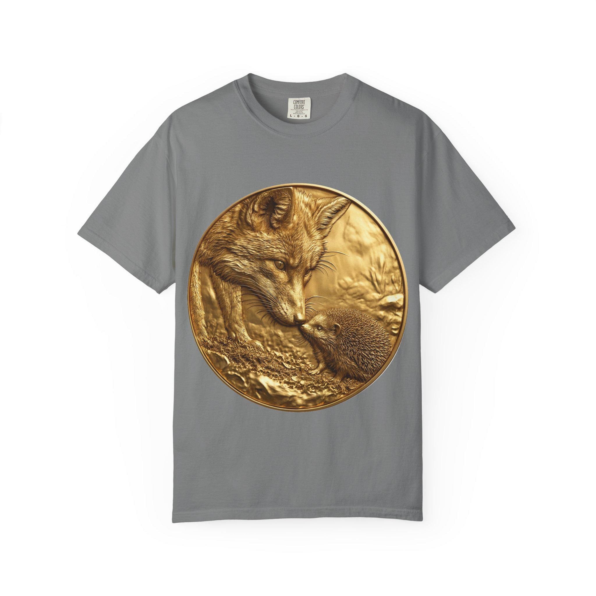 Golden Fox and Hedgehog T-Shirt  Curious Wildlife Scene in Luxury Gold Print Design
