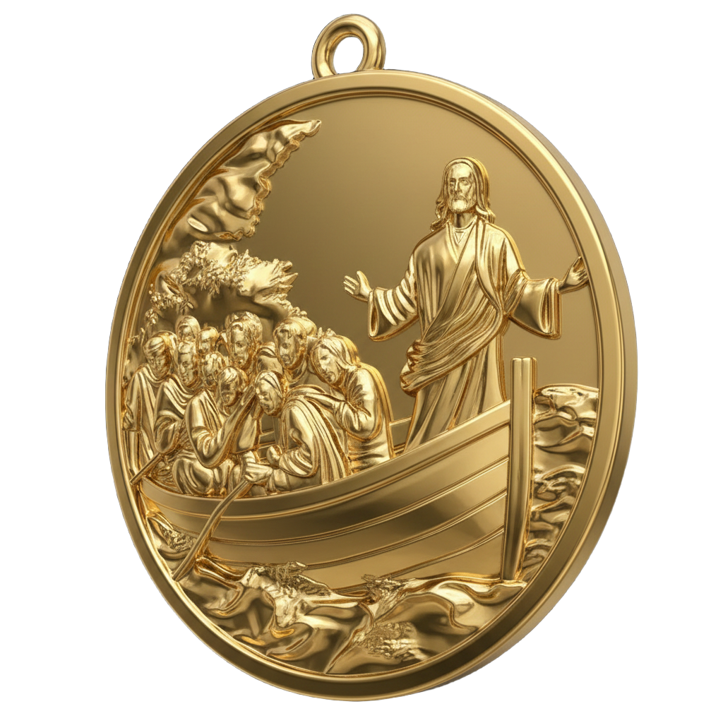 Jesus Calms the Storm Coin Pendant Necklace | 30mm Christian Medallion | 18K Gold, Sterling Silver or Yellow Brass | Religious Gift