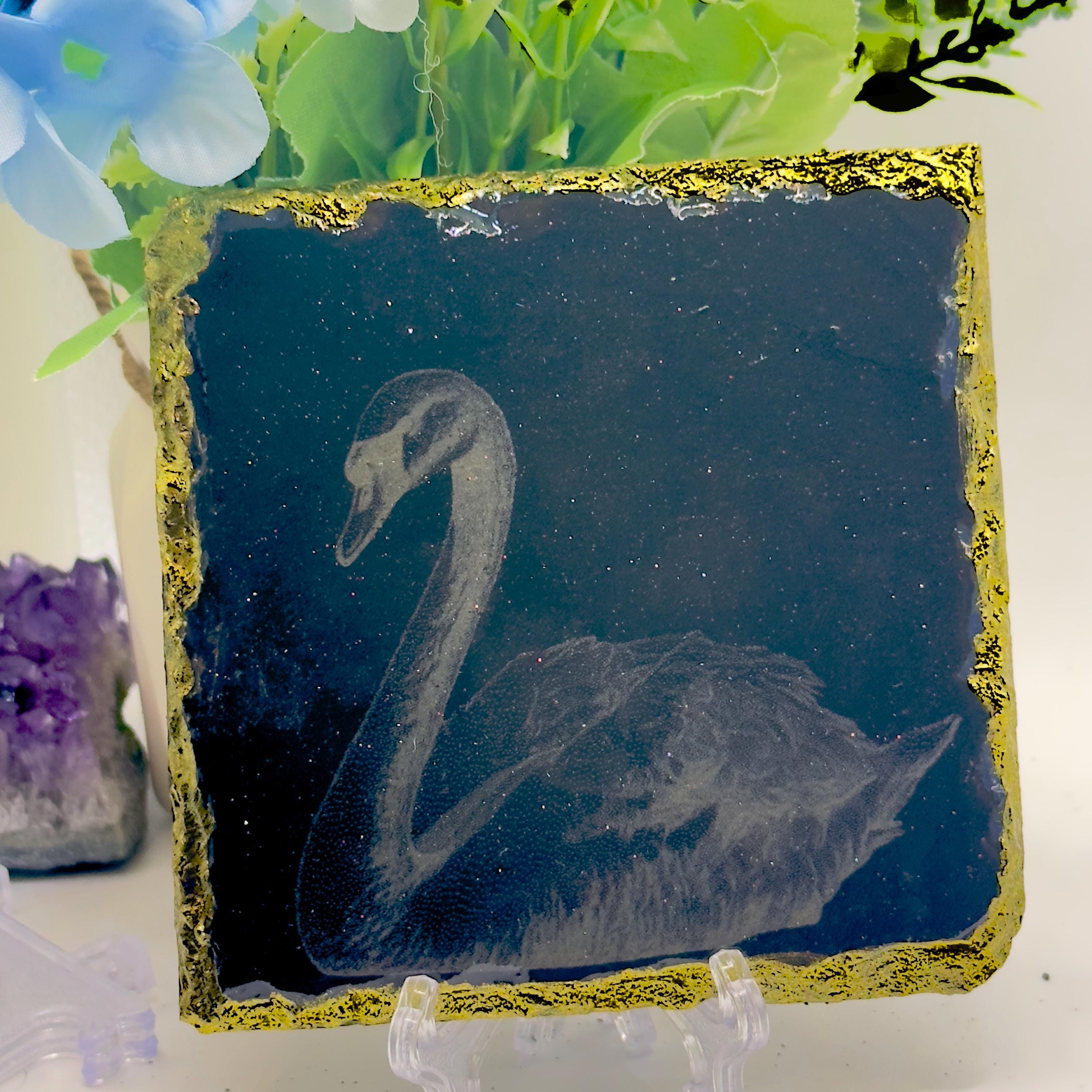 Swan Slate Coaster | Gold Rim & Epoxy Finish | Handmade Luxury Decor | Elegant Swan Gift